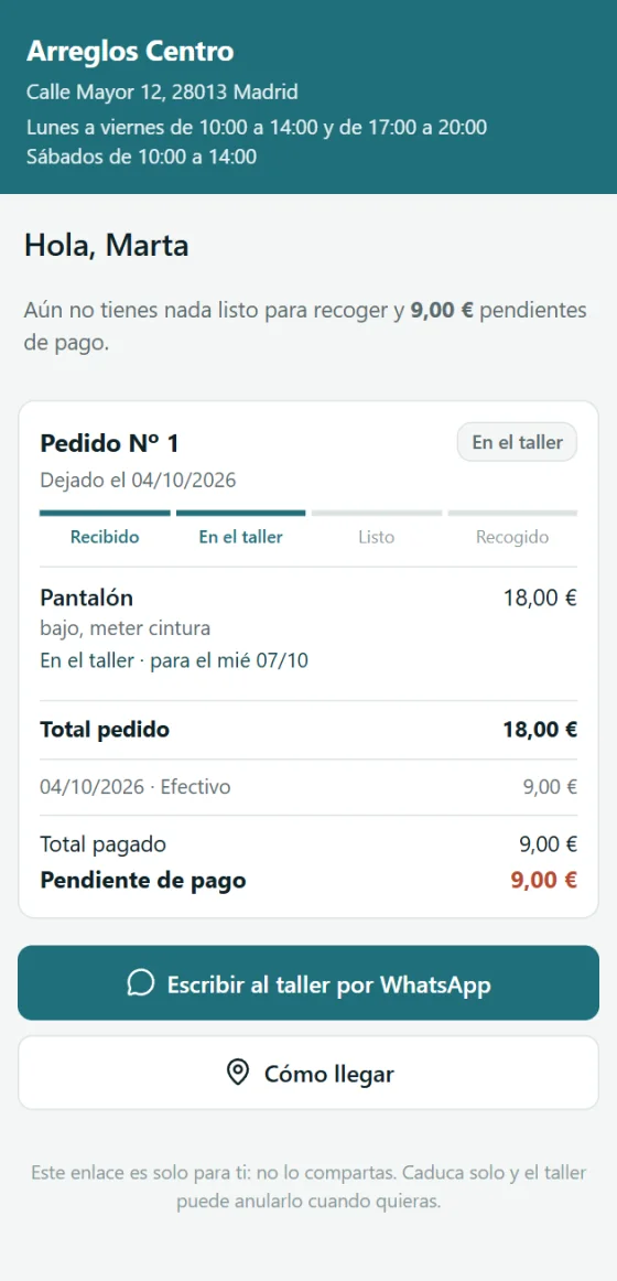 Página del pedido que ve el cliente en su móvil: recibido, en el taller, listo y recogido