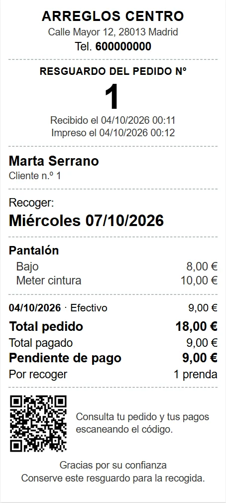 Resguardo de un pedido de 18 euros con 9 euros pagados en efectivo y 9 euros pendientes, y la fecha de recogida